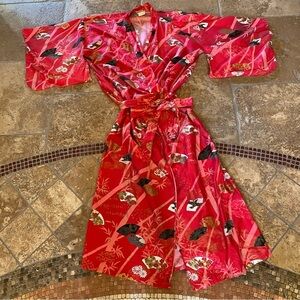 Japanese Red Pink Fan Bamboo Print Kimono Yukata Robe One Size-Made in Japan